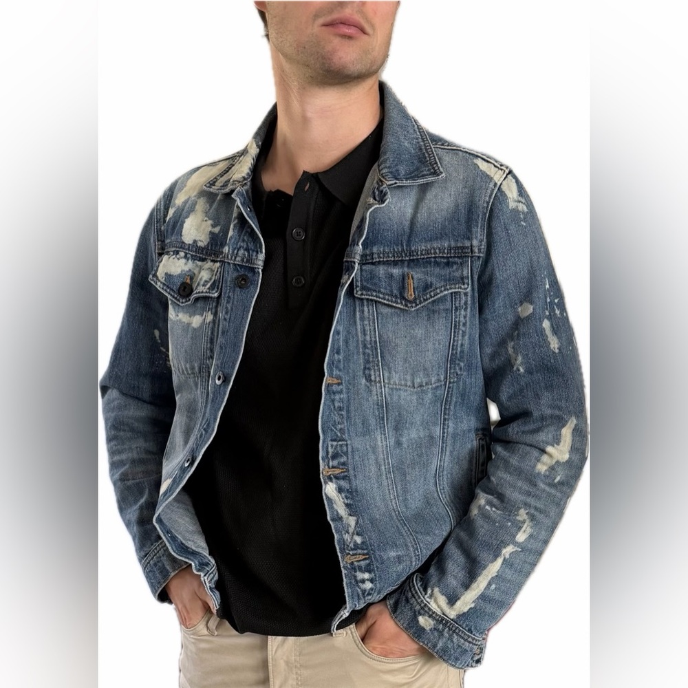 PRPS Men’s Bleached Japanese Cotton Blue Distressed Trucker Jean Jacket Sz L